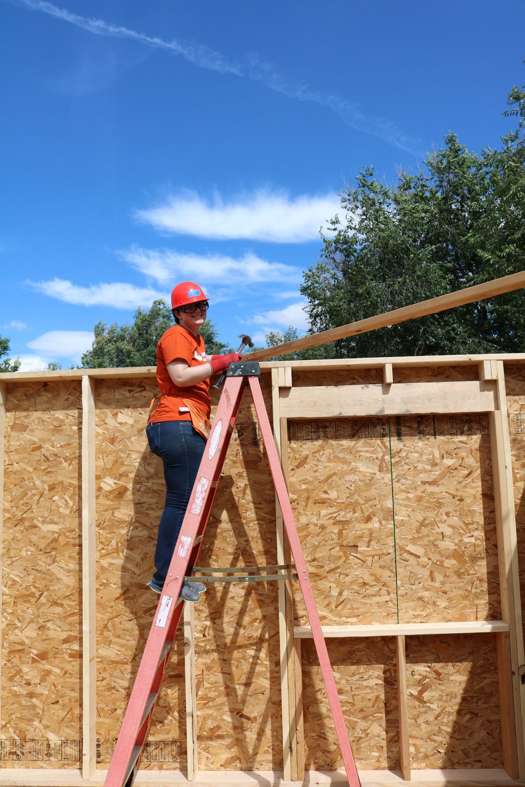 Woman on a ladder outside the frame of a house