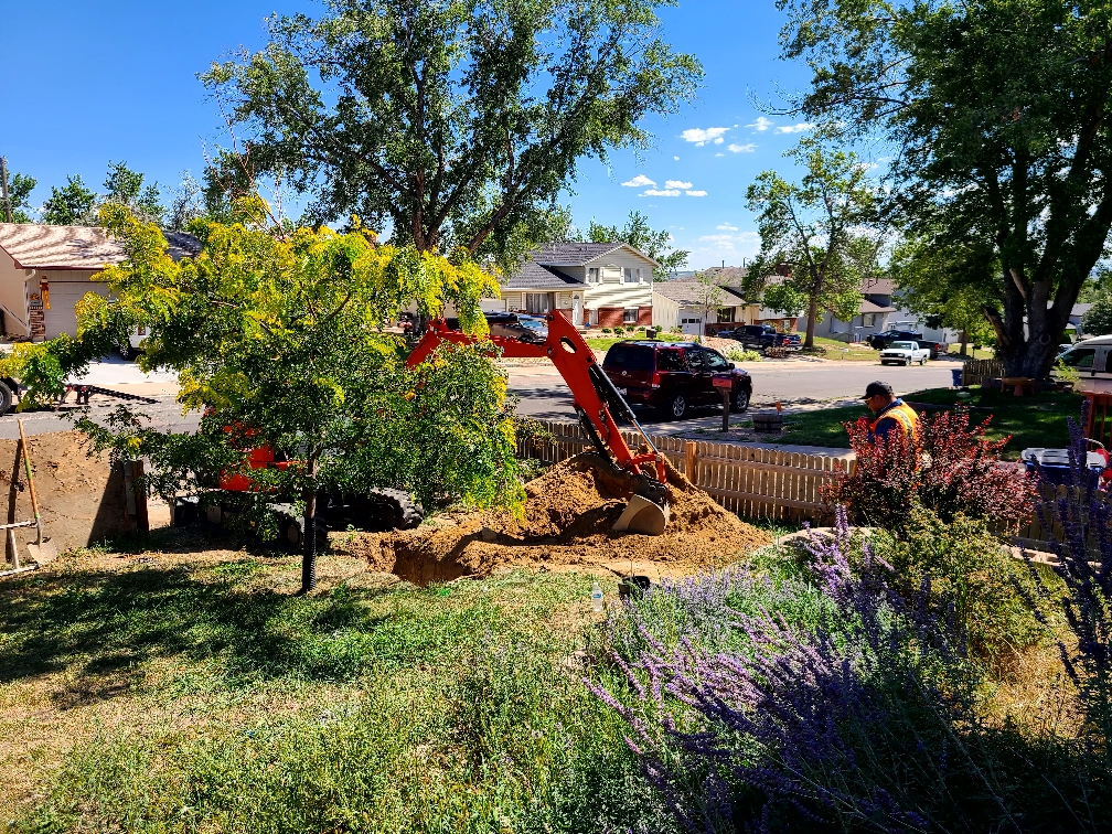 Front yard with backhoe
