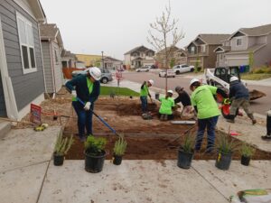 Volunteers working on landscaping tasks in a yard