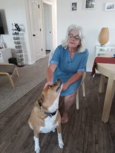 Woman sitting on chair and petting dog