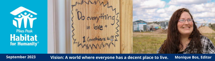 Header with "Do everything in love" written on board and photo of future homeowner Kayla.