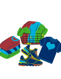 Graphic of shirts, shoes, and laundry basket