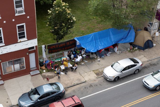 Overhead view of encampment on street