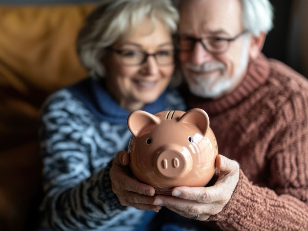older couple donating legacy piggy bank